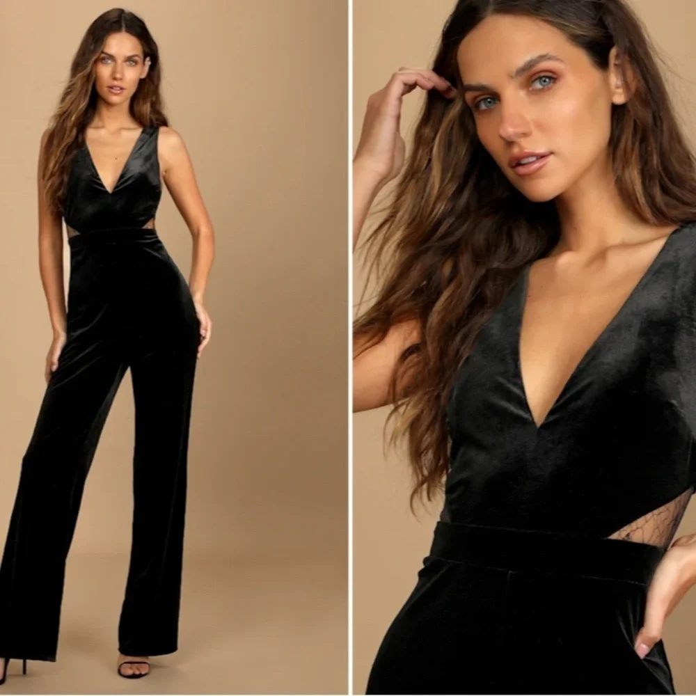 LULU's Sexy Chic Elegant Prom Holidays Wedding Velvet Lace Sophisitcated Jumpsui